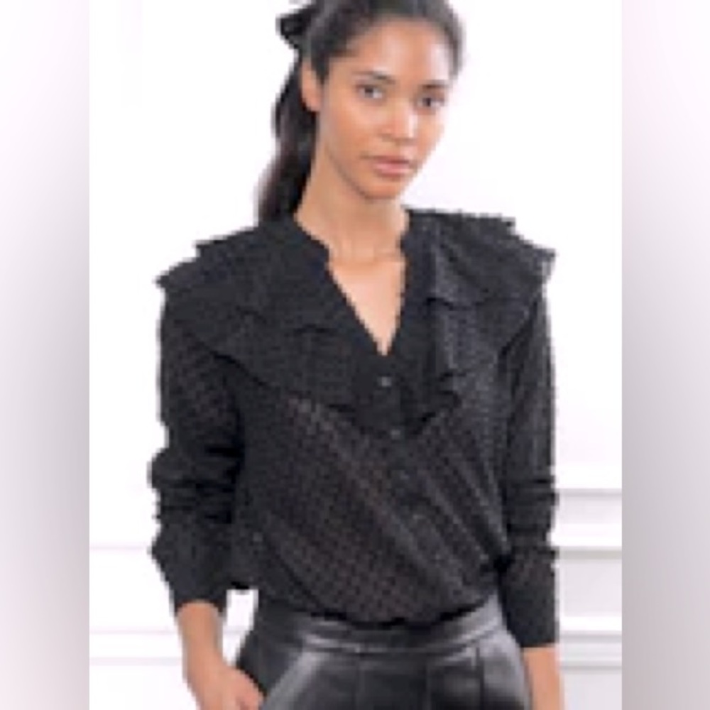 NWT The Shirt by Rochelle Behrens - Ruffle Shirt in Black Swiss Dot, Size Large